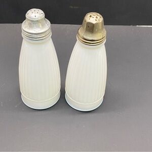 Vintage Ribbed White Milk Glass Salt Pepper Shakers 5.5 inches Different Lids